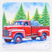 松の木の赤いクリスマストラック スクエアシール (正面)