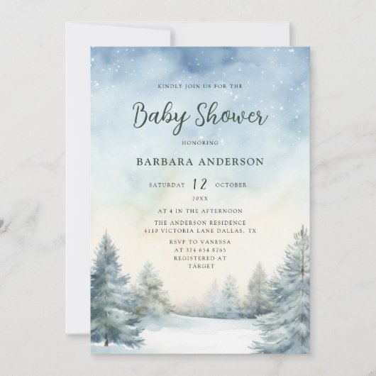 松の木の赤ちゃんシャワー水色の冬の招待状 招待状 (正面)