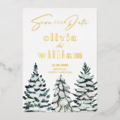 松の木の雪の冬のクリスマスの日付を保存 箔招待状 (正面)