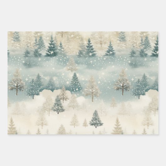 松の木の雪の水彩画クリスマス ラッピングペーパーシート (正面2)