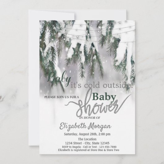 松の木の雪の赤ちゃんシャワー外が寒い 招待状 (正面)