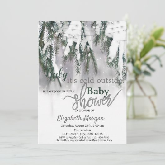 松の木の雪の赤ちゃんシャワー外が寒い 招待状 (スタンド正面)