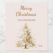 松の木の雪ベージュクリスマスパーティー ワインラベル (シングルラベル)