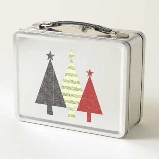 松の木の黒と赤の幾何学的モダンクリスマス メタルランチボックス (裏面)