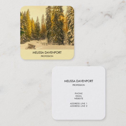 松の木写真と雪の多い冬の道 スクエア名刺 (正面/裏面)