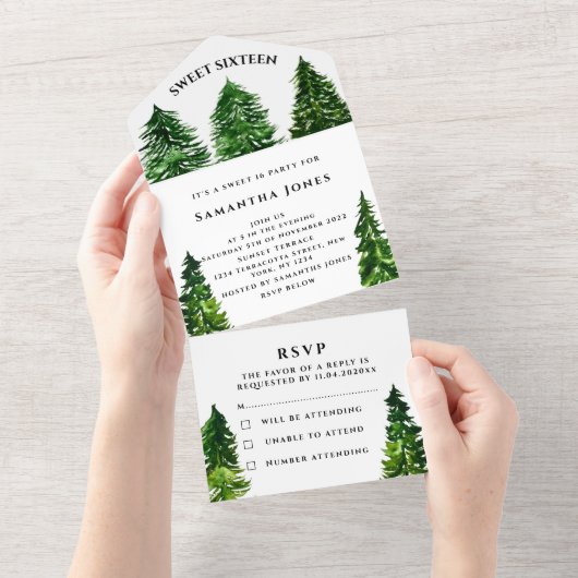 松の木甘い16緑かわいらしの冬ガーリー オールインワン招待状 (貼ってはがせる)