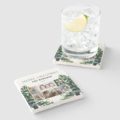 松の木雪水彩家族6写真コラージュ ストーンコースター (横)