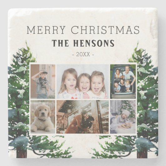 松の木雪水彩家族6写真コラージュ ストーンコースター (正面)