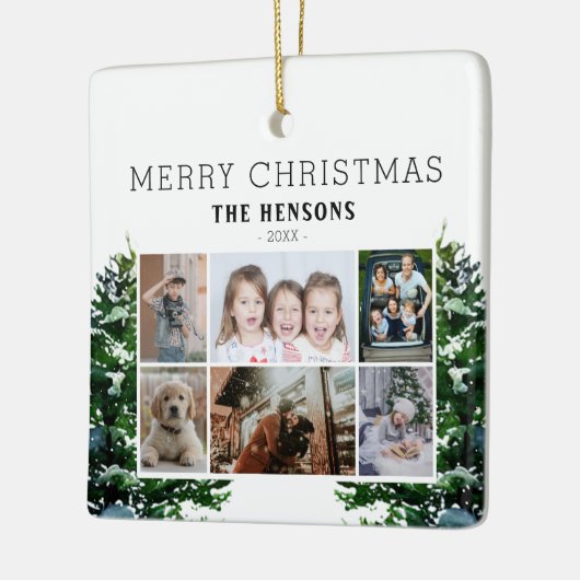 松の木雪水彩家族6写真コラージュ セラミックオーナメント (左)