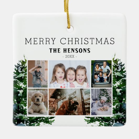 松の木雪水彩家族6写真コラージュ セラミックオーナメント (正面)