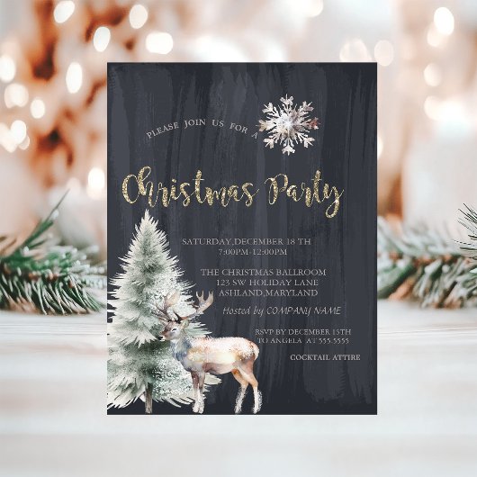松の木、トナカイ、雪の結晶 ブラッククリスマス 招待状