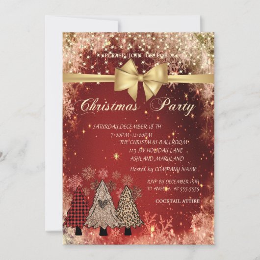 松の木、弓の赤い会社のクリスマスパーティー 招待状 (正面)