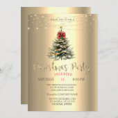 松の木，弓，ストリングライト金ゴールドクリスマス 招待状 (正面/裏面)