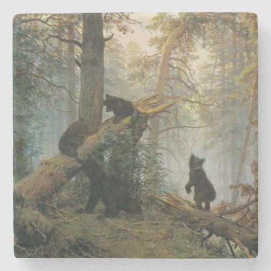 松の林の朝（森の熊） ストーンコースター (正面)