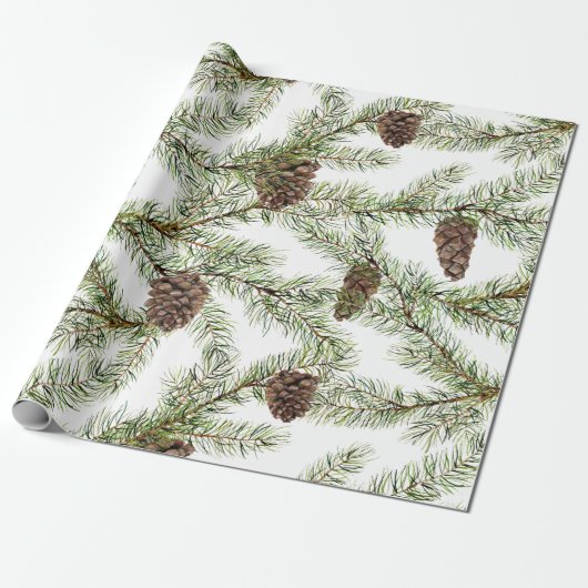 松の枝とコーンのクリスマス、新年 ラッピングペーパー (アンロールド)