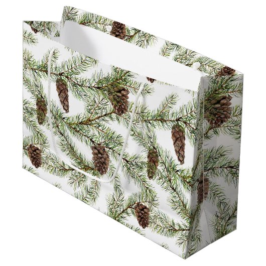 松の枝とコーンのクリスマス、新年 ラージペーパーバッグ (正面アングル)