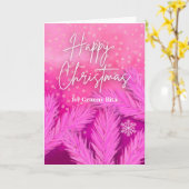 松の枝とピンクのハッピークリスマス カード (黄色い花)