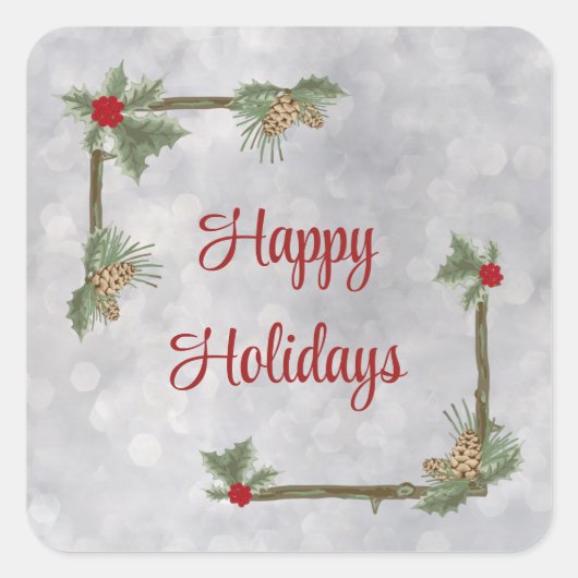 松の枝とホリー広場のステッカー スクエアシール (正面)