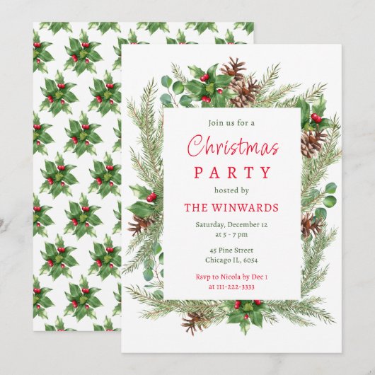 松の枝と実りのクリスマス パーティー 招待状 (正面/裏面)