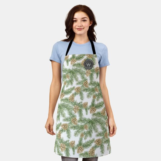 松の枝と松のコーン水の色パターン エプロン (着用した状態)