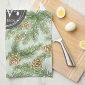 松の枝と松のコーン水の色パターン キッチンタオル (四つ折り)