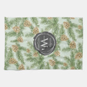 松の枝と松のコーン水の色パターン キッチンタオル (横)