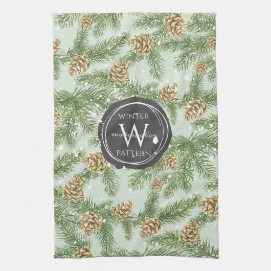 松の枝と松のコーン水の色パターン キッチンタオル (縦)