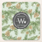 松の枝と松のコーン水の色パターン スクエアペーパーコースター (正面)