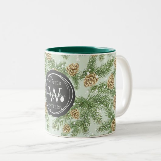 松の枝と松のコーン水の色パターン ツートーンマグカップ (正面右)