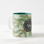 松の枝と松のコーン水の色パターン ツートーンマグカップ (正面左)