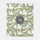 松の枝と松のコーン水の色パターン フリースブランケット (正面)