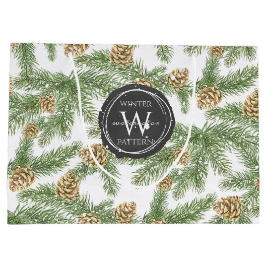 松の枝と松のコーン水の色パターン ラージペーパーバッグ (裏面)