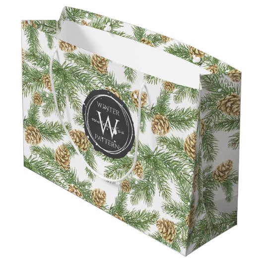 松の枝と松のコーン水の色パターン ラージペーパーバッグ (裏面アングル)
