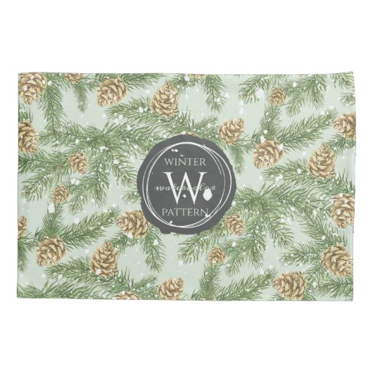 松の枝と松のコーン水の色パターン 枕カバー (裏面)