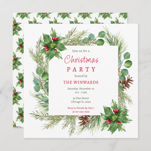 松の枝と果実クリスマスパーティー 招待状 (正面/裏面)