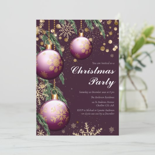 松の枝と飾りのクリスマスパーティー招待状 招待状 (スタンド正面)