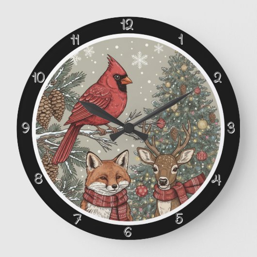 松の枝と鹿に止まった(鳥)ショウジョウコウカンチョウ ラージ壁時計 (正面)