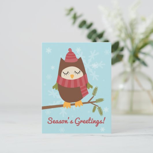 松の枝に可愛いフクロウを描いたクリスマスカード シーズンポストカード (スタンド正面)