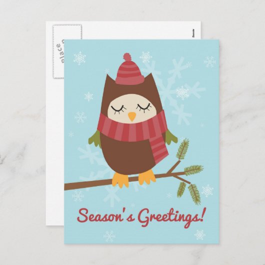 松の枝に可愛いフクロウを描いたクリスマスカード シーズンポストカード (正面/裏面)