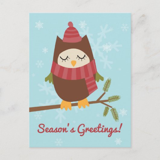 松の枝に可愛いフクロウを描いたクリスマスカード シーズンポストカード (正面)