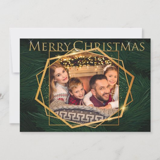 松の枝に金のフレームのクリスマス写真 シーズンカード (正面)