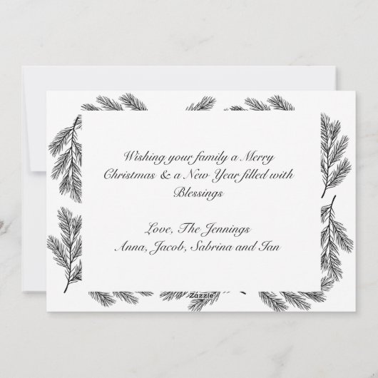 松の枝の写真パーソナライズされたクリスマス シーズンカード (裏面)