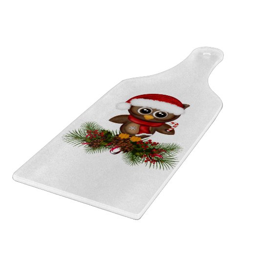 松の枝の板の上にかわいいクリスマスフクロウ カッティングボード (角)
