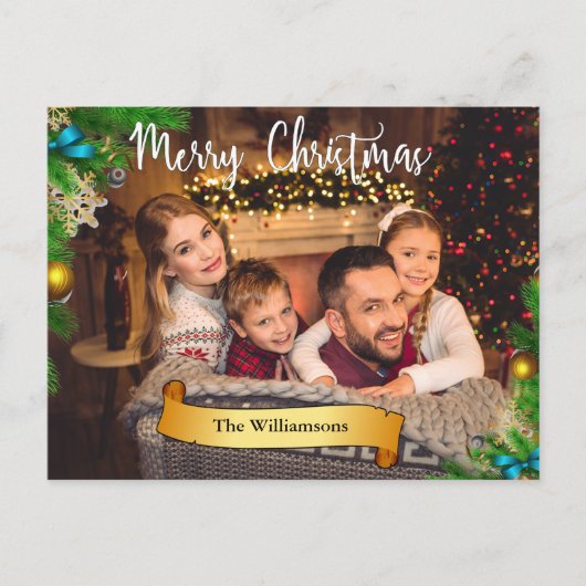 松の枝フレーム白いメリークリスマスフォト シーズンポストカード (正面)