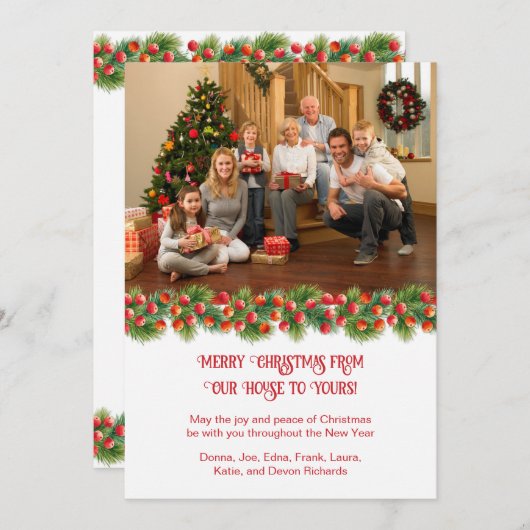 松の枝ホリーベリー写真クリスマス シーズンカード (正面/裏面)