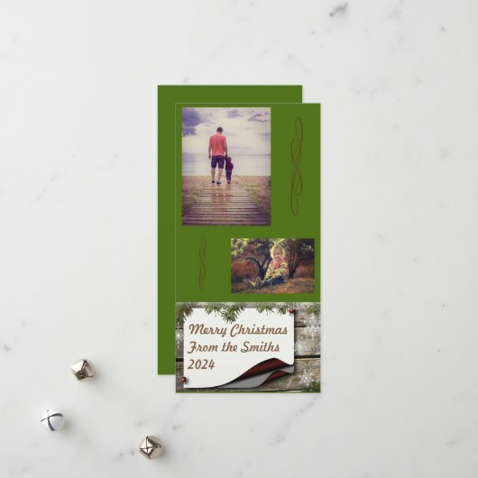 松の枝緑の背景クリスマス シーズンカード (正面/裏面インサイチュ)