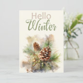 松の枝、コーンと水色グリーティングカード 招待状 (スタンド正面)