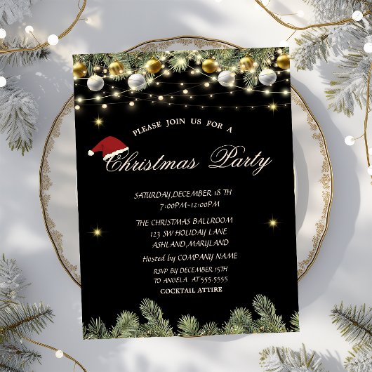 松の枝 ボール 黒 クリスマス 企業 招待状