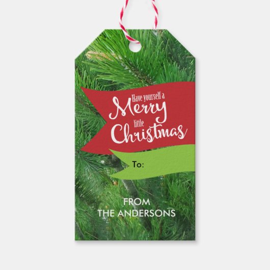 松の枝、小さなメリークリスマスの写真 ギフトタグ (正面)