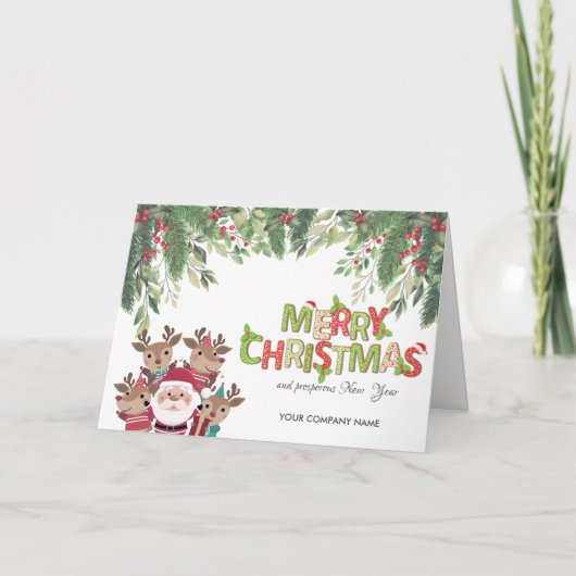 松の枝、鹿、サンタクロースのクリスマス シーズンカード (正面)